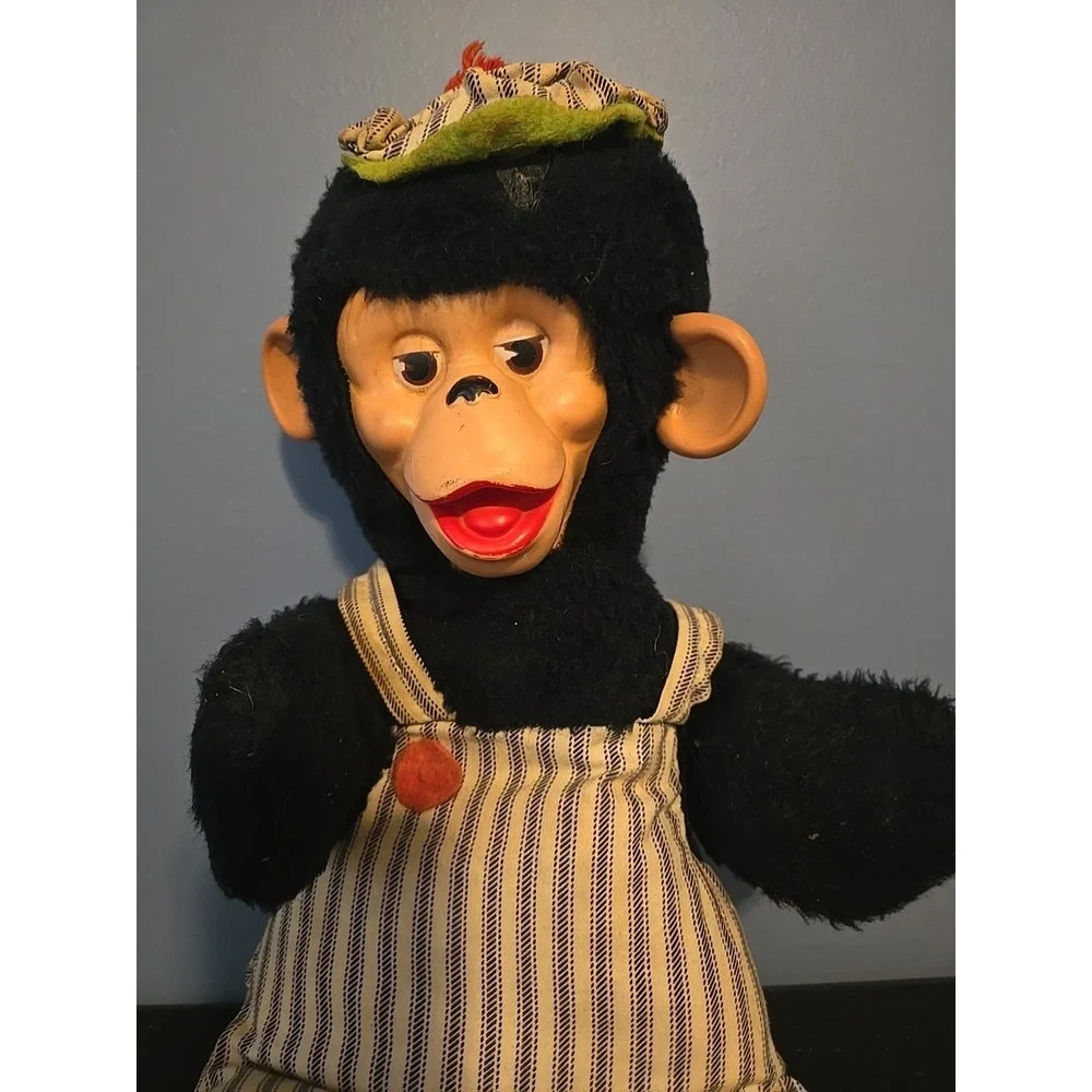 Gund Vtg Chimpanzee Rubber‎ Face Plush  Blue Overalls Monkey Train Conductor